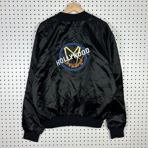 Hollywood Embroidered Size‎ XL Jacket Black Shiny Satin Acetate Bomber Vintage